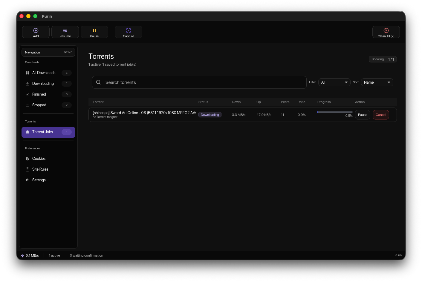 Purin torrent view showing torrent jobs, speed, peers, ratio, and progress.